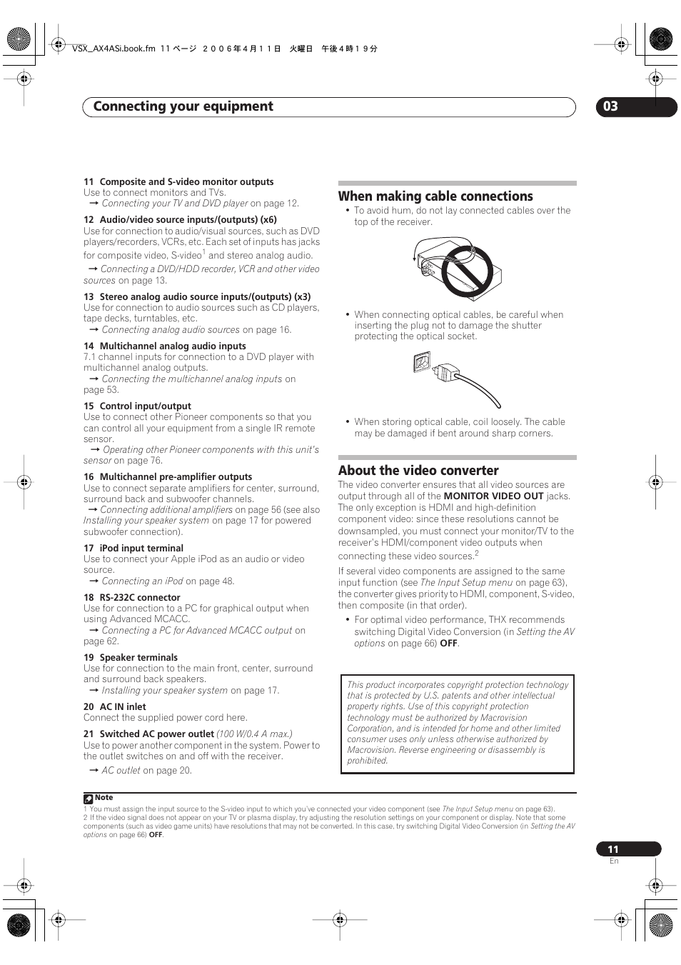 Connecting your equipment 03, When making cable connections, About the video converter | Pioneer VSX-AX2AS-s User Manual | Page 11 / 92