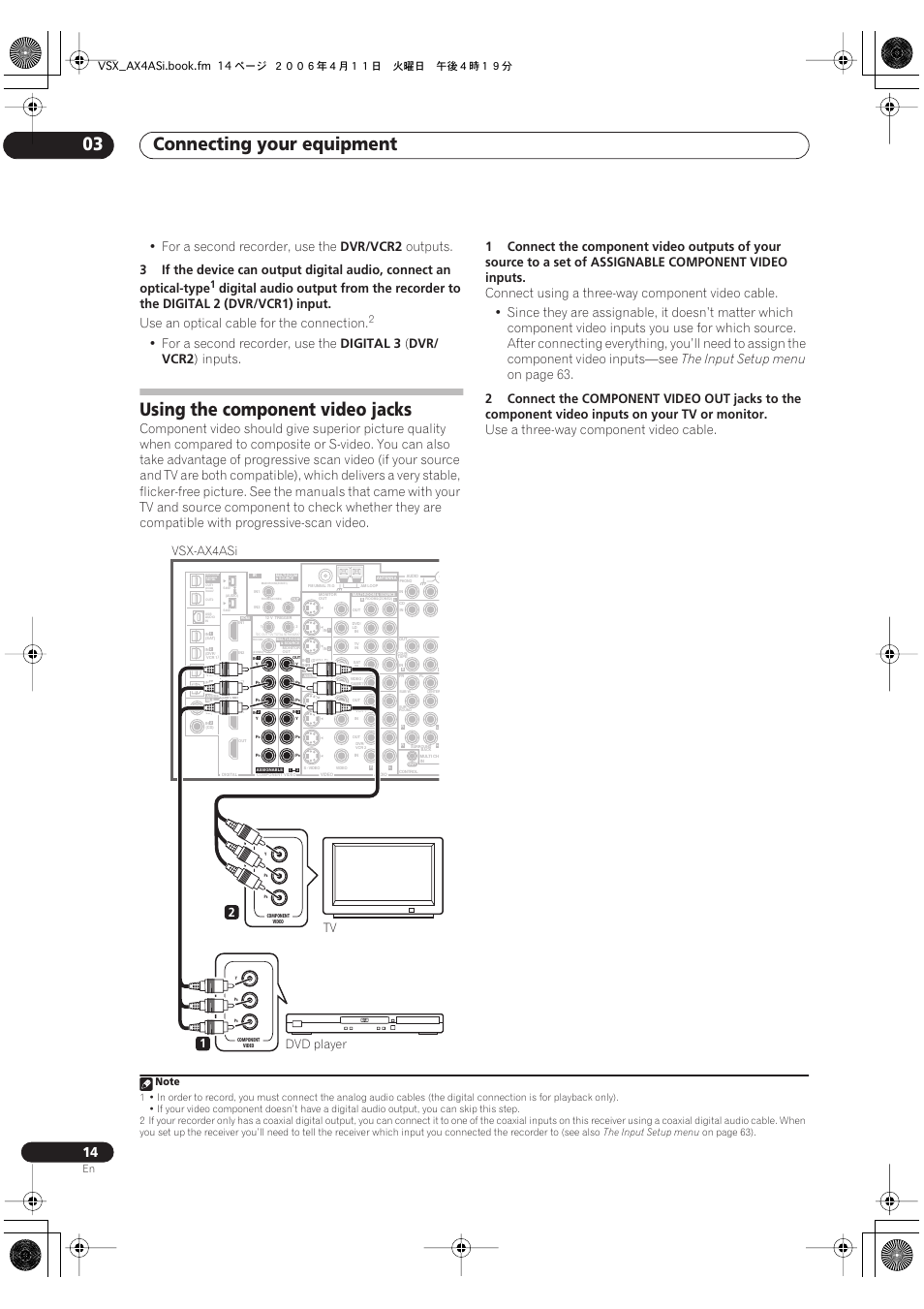 Using the component video jacks, Connecting your equipment 03, For a second recorder, use the | Vcr2, Outputs, Use an optical cable for the connection, Digital 3, Inputs, The input setup menu, On page 63 | Pioneer VSX-AX2AS-s User Manual | Page 14 / 92