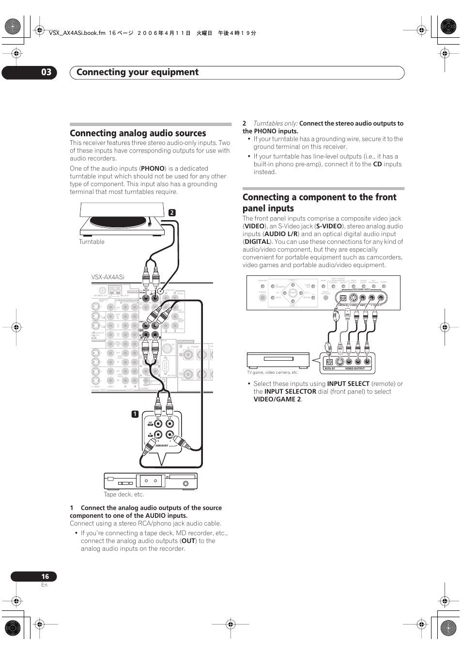 Connecting your equipment 03, Connecting analog audio sources, Connecting a component to the front panel inputs | Phono, Turntables only, Inputs instead, Video, An s-video jack, S-video, Stereo analog audio inputs | Pioneer VSX-AX2AS-s User Manual | Page 16 / 92