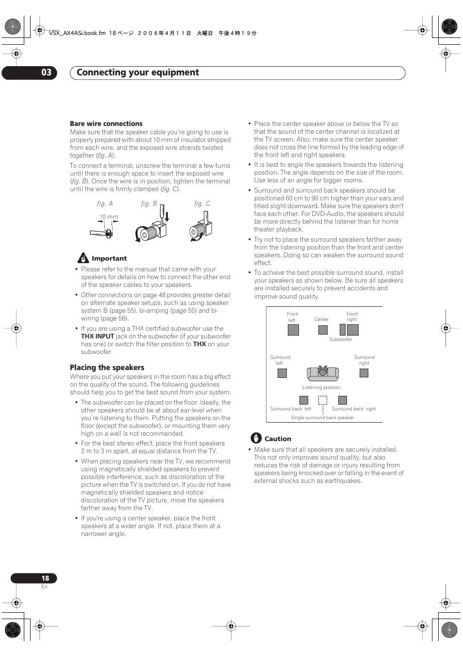 Placing the speakers, Connecting your equipment 03 | Pioneer VSX-AX2AS-s User Manual | Page 18 / 92