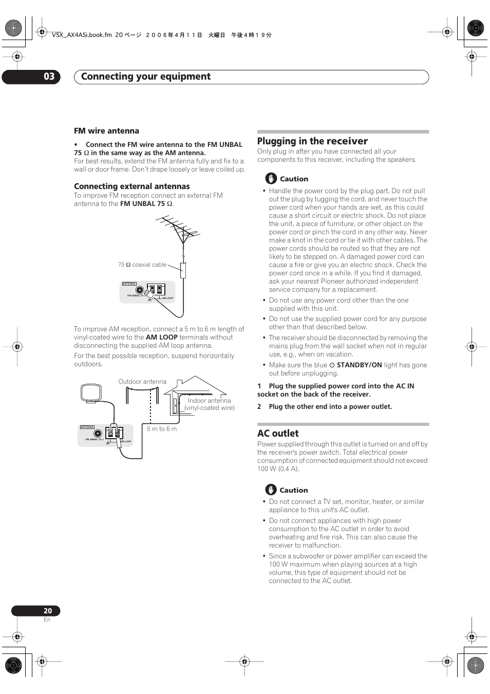 Fm wire antenna connecting external antennas, Plugging in the receiver ac outlet, Connecting your equipment 03 | Plugging in the receiver, Ac outlet | Pioneer VSX-AX2AS-s User Manual | Page 20 / 92