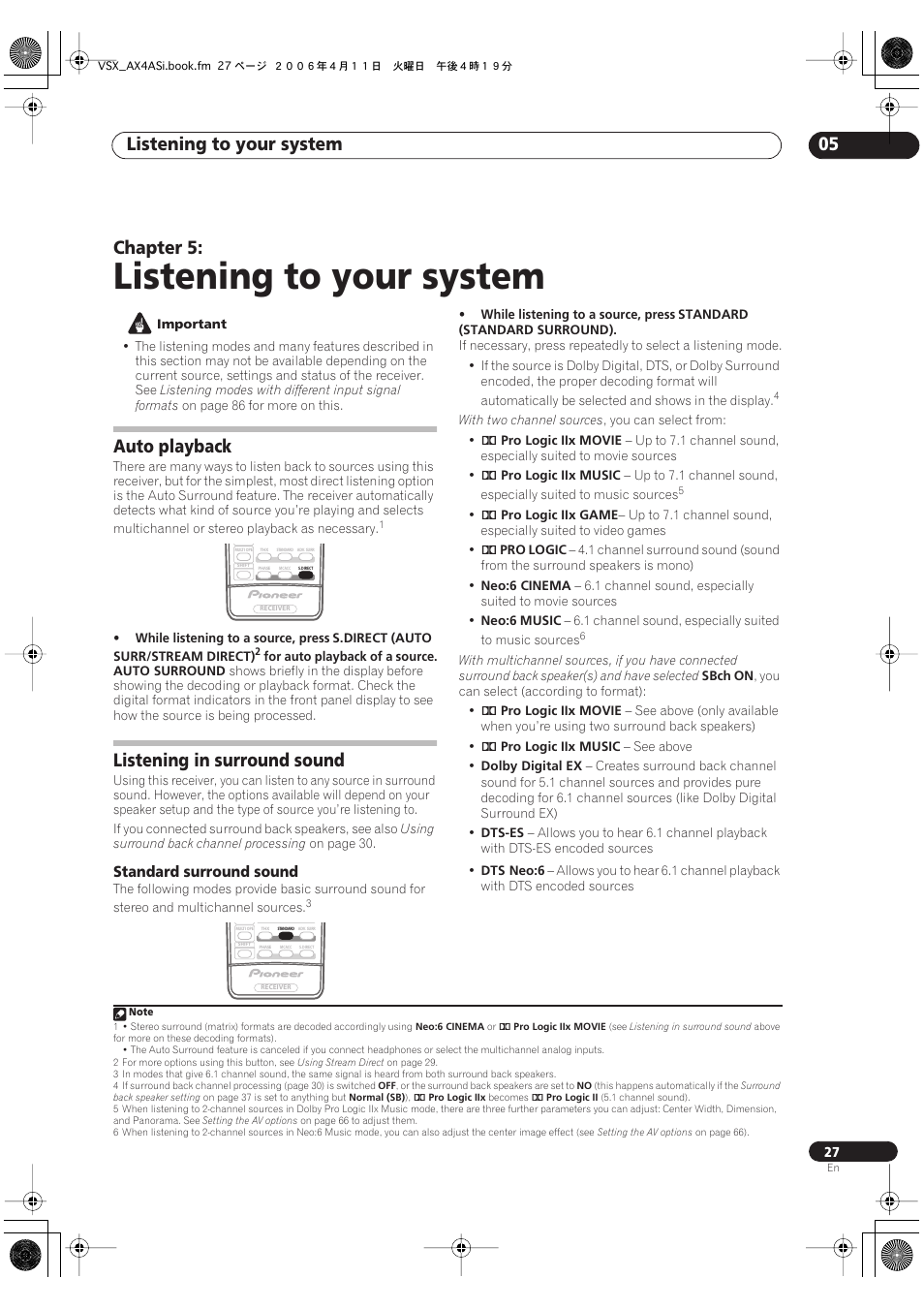 05 listening to your system, Auto playback listening in surround sound, Standard surround sound | Listening to your system, Listening to your system 05, Chapter 5, Auto playback, Listening in surround sound | Pioneer VSX-AX2AS-s User Manual | Page 27 / 92