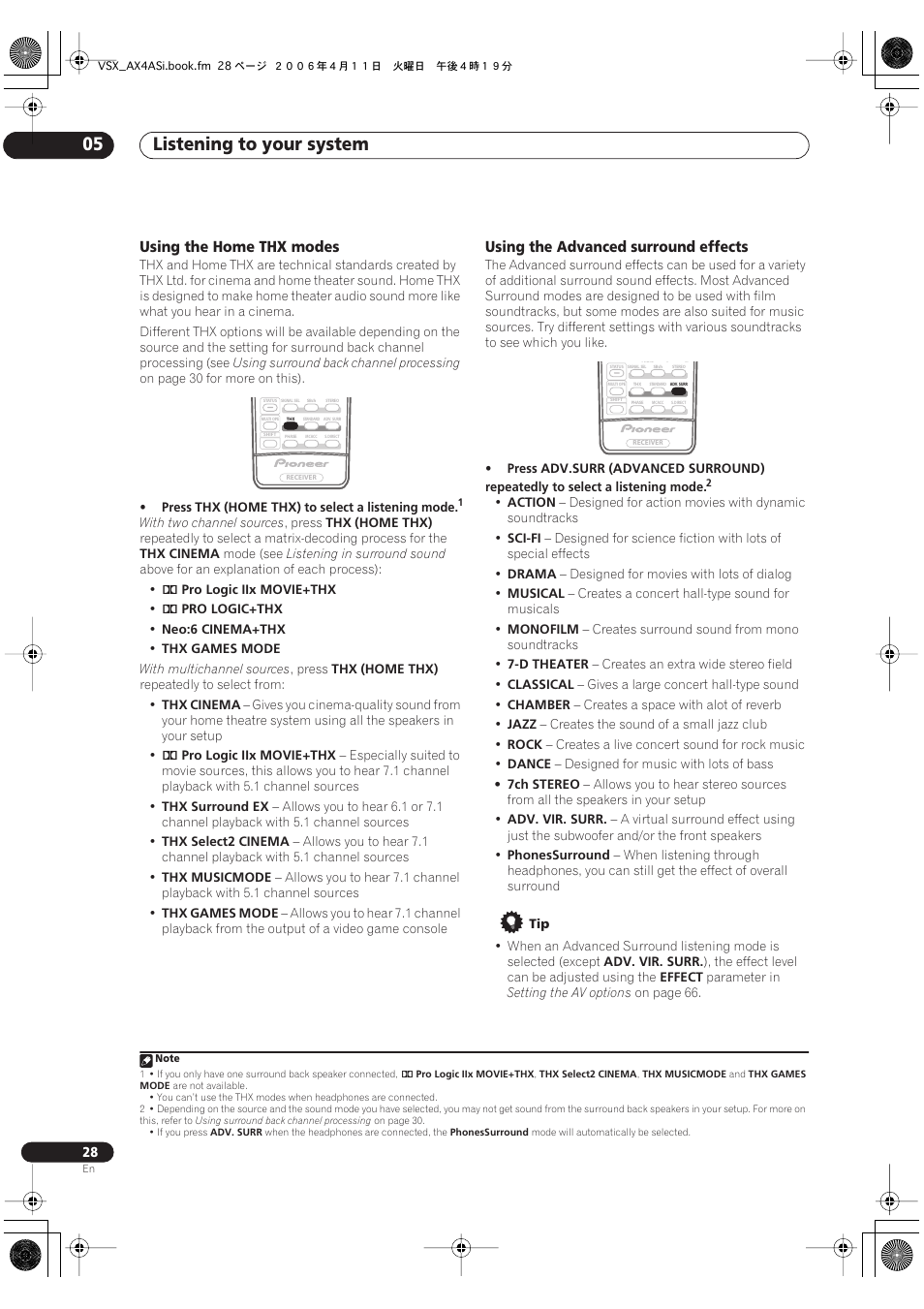 Listening to your system 05, Using the home thx modes, Using the advanced surround effects | Pioneer VSX-AX2AS-s User Manual | Page 28 / 92