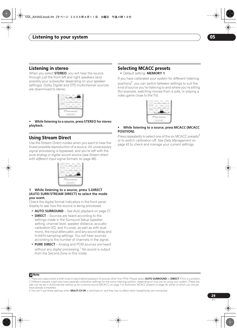 Listening to your system 05, Listening in stereo, Using stream direct | Selecting mcacc presets | Pioneer VSX-AX2AS-s User Manual | Page 29 / 92