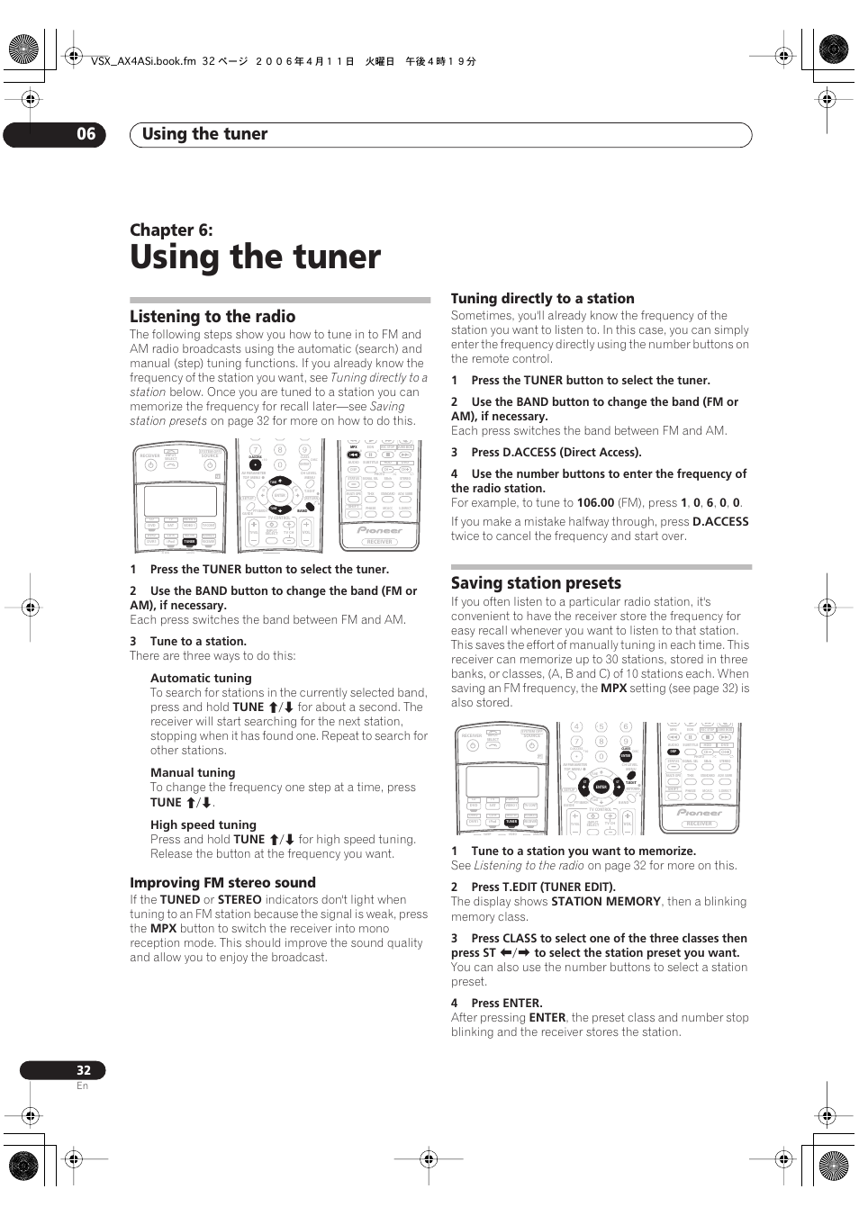 06 using the tuner, Listening to the radio, Saving station presets | Using the tuner, Using the tuner 06, Chapter 6, Improving fm stereo sound, Tuning directly to a station, On page 32 for more on how to do this, 1press the | Pioneer VSX-AX2AS-s User Manual | Page 32 / 92