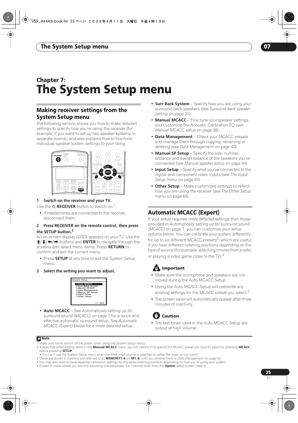 07 the system setup menu, The system setup menu, The system setup menu 07 | Chapter 7, Automatic mcacc (expert) | Pioneer VSX-AX2AS-s User Manual | Page 35 / 92