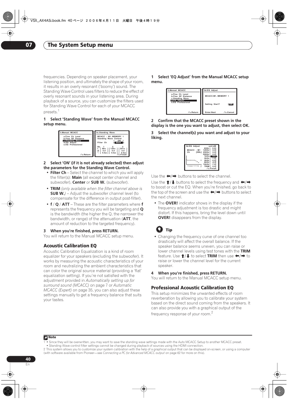 The system setup menu 07, Acoustic calibration eq, Professional acoustic calibration eq | Pioneer VSX-AX2AS-s User Manual | Page 40 / 92