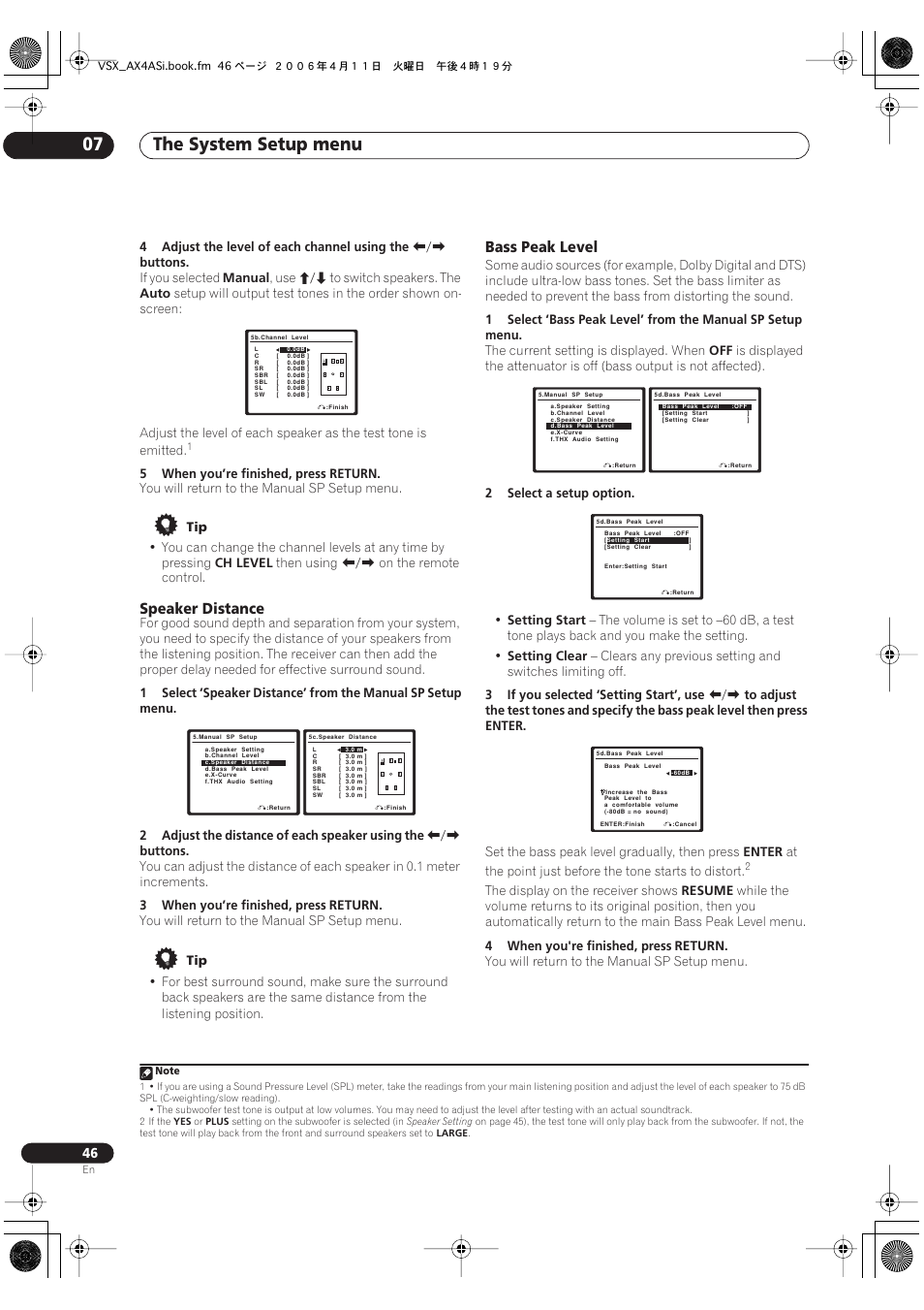 Speaker distance bass peak level, The system setup menu 07, Speaker distance | Bass peak level | Pioneer VSX-AX2AS-s User Manual | Page 46 / 92