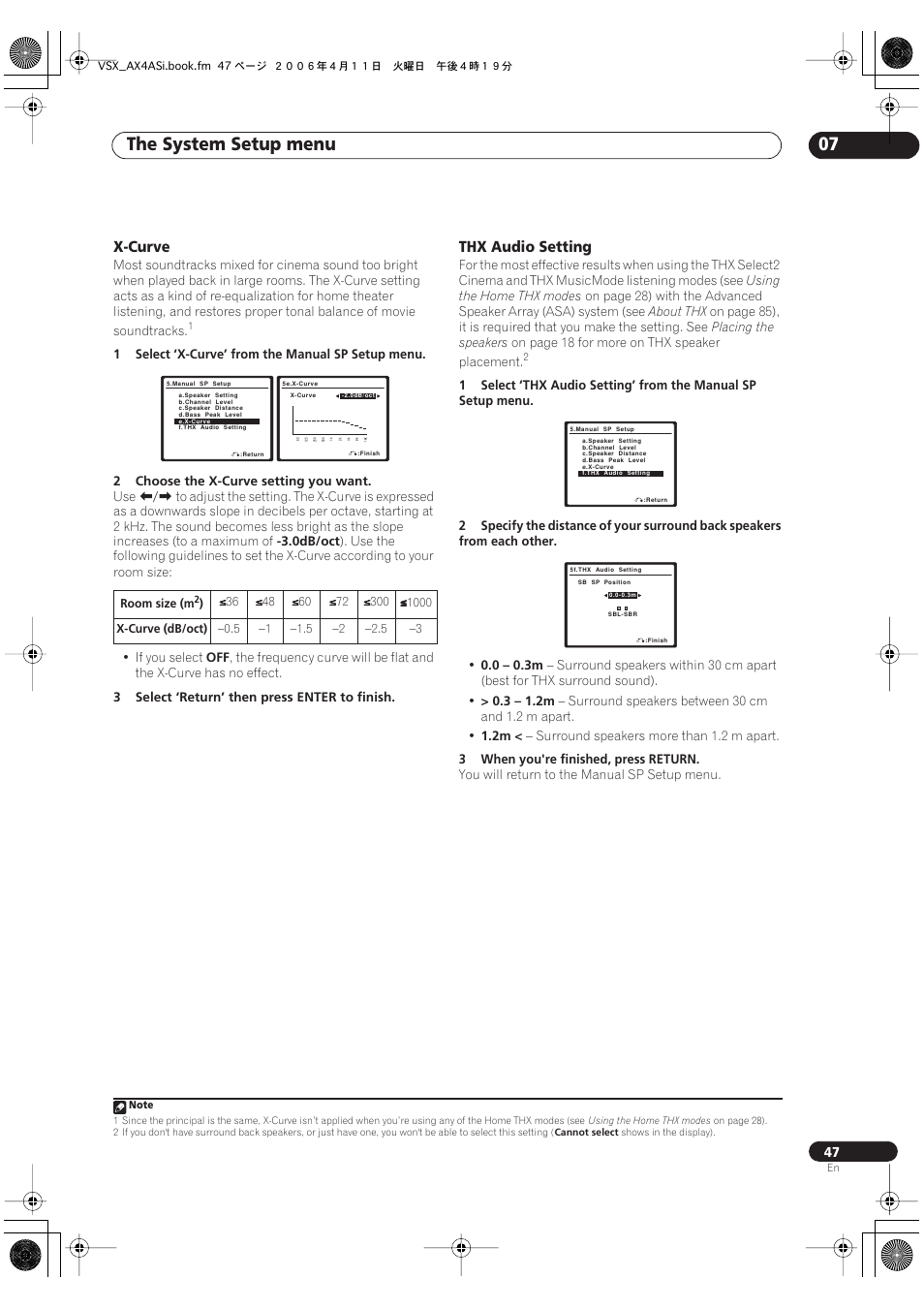 X-curve thx audio setting, The system setup menu 07, X-curve | Thx audio setting | Pioneer VSX-AX2AS-s User Manual | Page 47 / 92