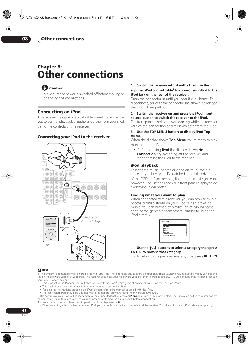 08 other connections, Connecting an ipod, Connecting your ipod to the receiver ipod playback | Other connections, Other connections 08, Chapter 8, Connecting your ipod to the receiver, Ipod playback, Finding what you want to play, Caution | Pioneer VSX-AX2AS-s User Manual | Page 48 / 92