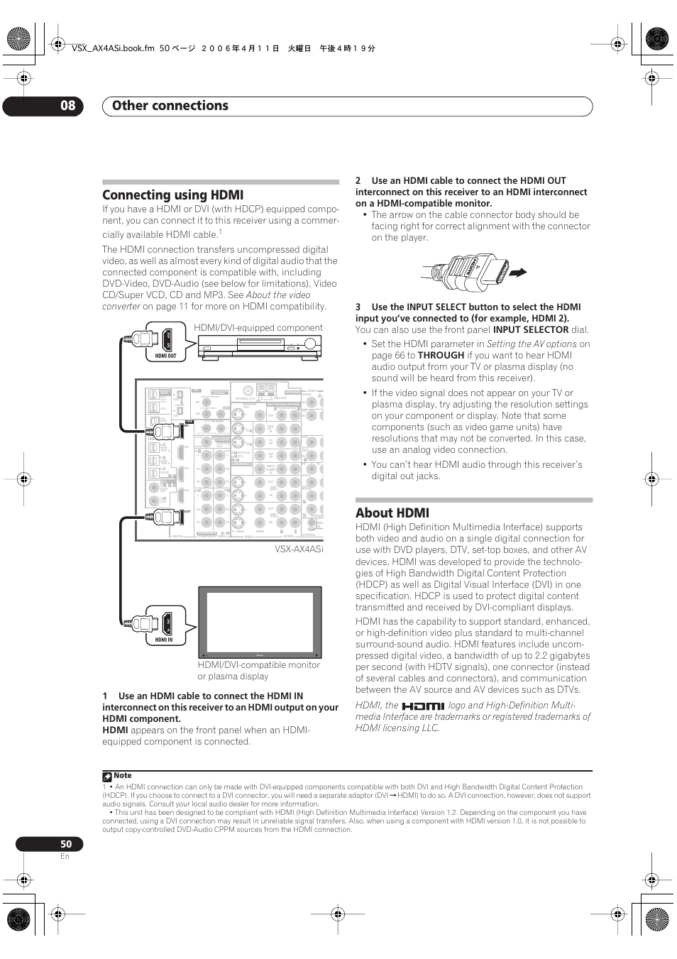 Connecting using hdmi about hdmi, Other connections 08, Connecting using hdmi | About hdmi, About the video converter, On page 11 for more on hdmi compatibility, Hdmi, You can also use the front panel, Input selector, Dial. • set the hdmi parameter in | Pioneer VSX-AX2AS-s User Manual | Page 50 / 92