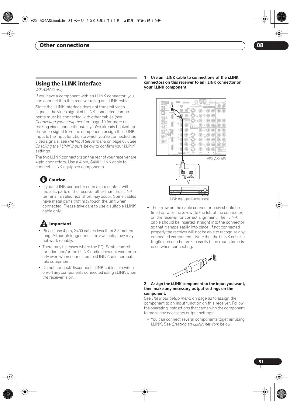 Using the i.link interface, Other connections 08, Vsx-ax4asi only | Connecting your equipment, The input setup menu, On page 63). see, Checking the i.link inputs, Caution, Important, Creating an i.link network | Pioneer VSX-AX2AS-s User Manual | Page 51 / 92