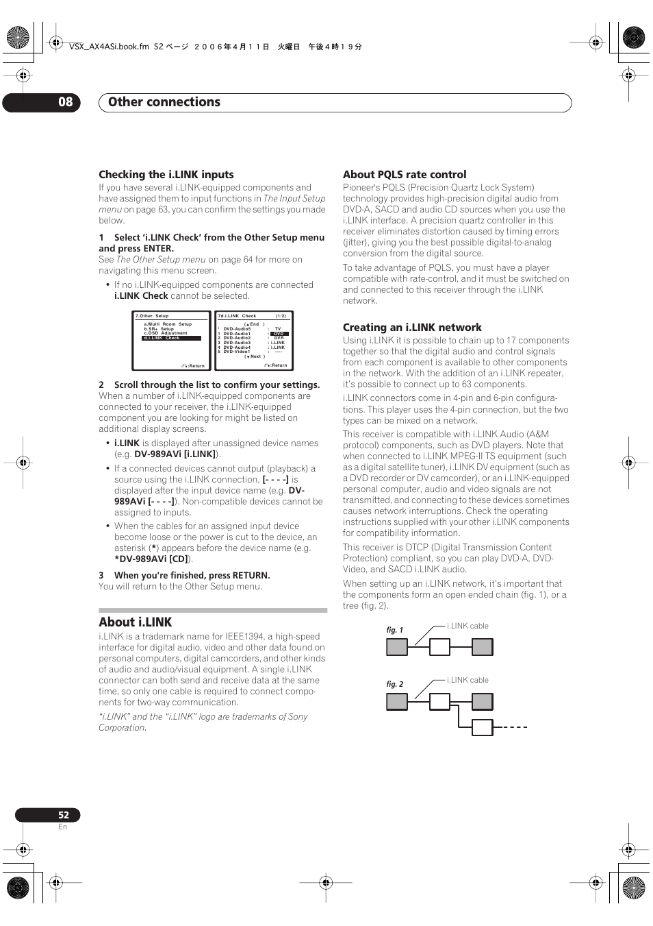 Checking the i.link inputs, About i.link, About pqls rate control creating an i.link network | Other connections 08, About pqls rate control, Creating an i.link network | Pioneer VSX-AX2AS-s User Manual | Page 52 / 92