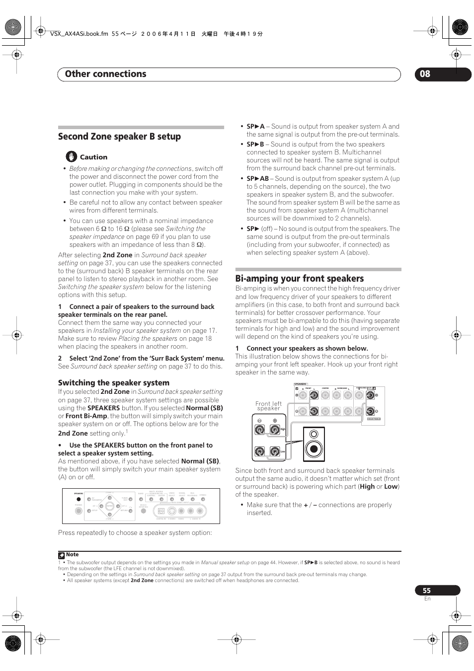 Second zone speaker b setup, Switching the speaker system, Bi-amping your front speakers | Other connections 08 | Pioneer VSX-AX2AS-s User Manual | Page 55 / 92