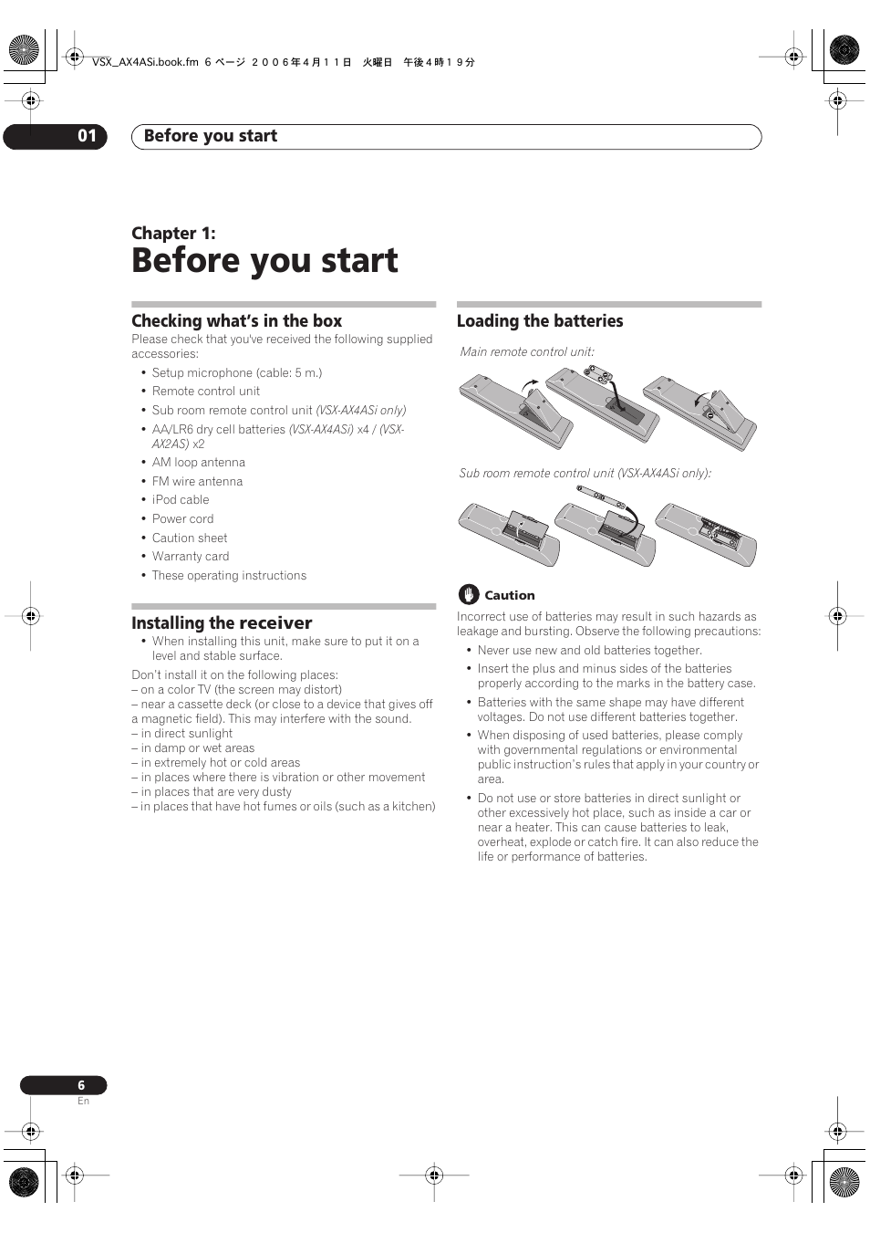 01 before you start, Before you start, Before you start 01 | Chapter 1, Checking what’s in the box, Installing the receiver, Loading the batteries | Pioneer VSX-AX2AS-s User Manual | Page 6 / 92