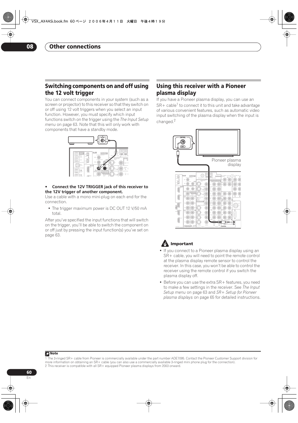 Other connections 08, Using this receiver with a pioneer plasma display, The input setup menu | Important, On page 63 and, Sr+ setup for pioneer plasma displays, On page 65 for detailed instructions, Pioneer plasma display, Vsx_ax4asi.book.fm 60 ページ 2006年4月11日 火曜日 午後4時19分 | Pioneer VSX-AX2AS-s User Manual | Page 60 / 92