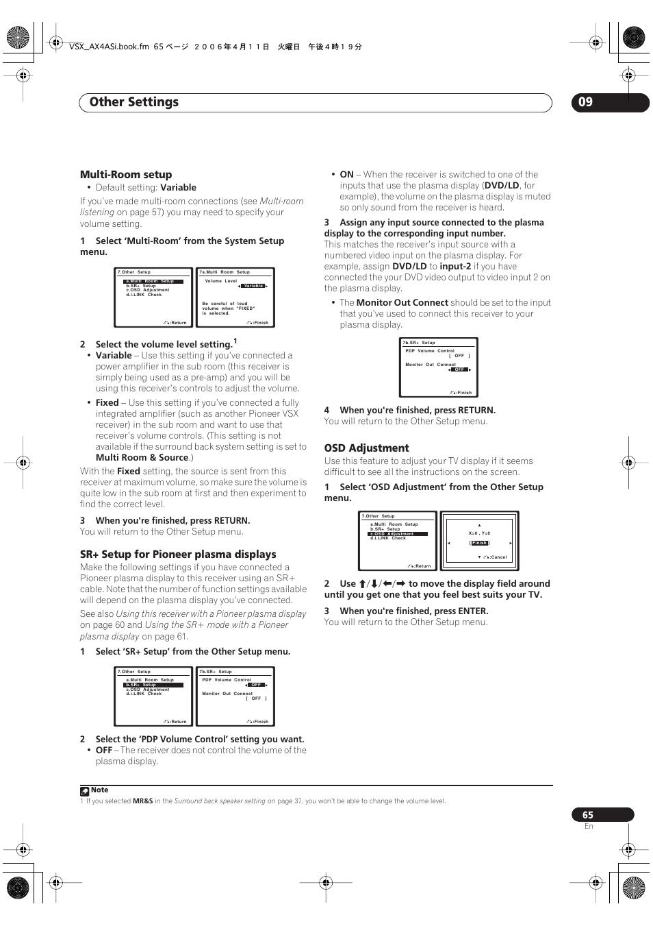 Other settings 09, Multi-room setup, Sr+ setup for pioneer plasma displays | Osd adjustment | Pioneer VSX-AX2AS-s User Manual | Page 65 / 92