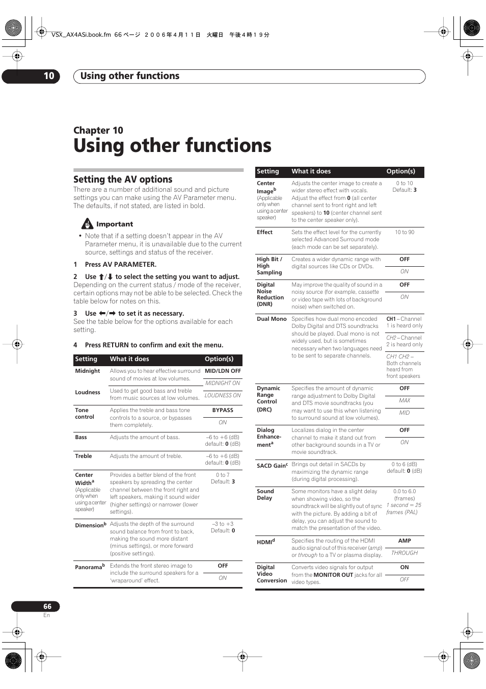 10 using other functions, Setting the av options, Using other functions | Using other functions 10, Chapter 10 | Pioneer VSX-AX2AS-s User Manual | Page 66 / 92