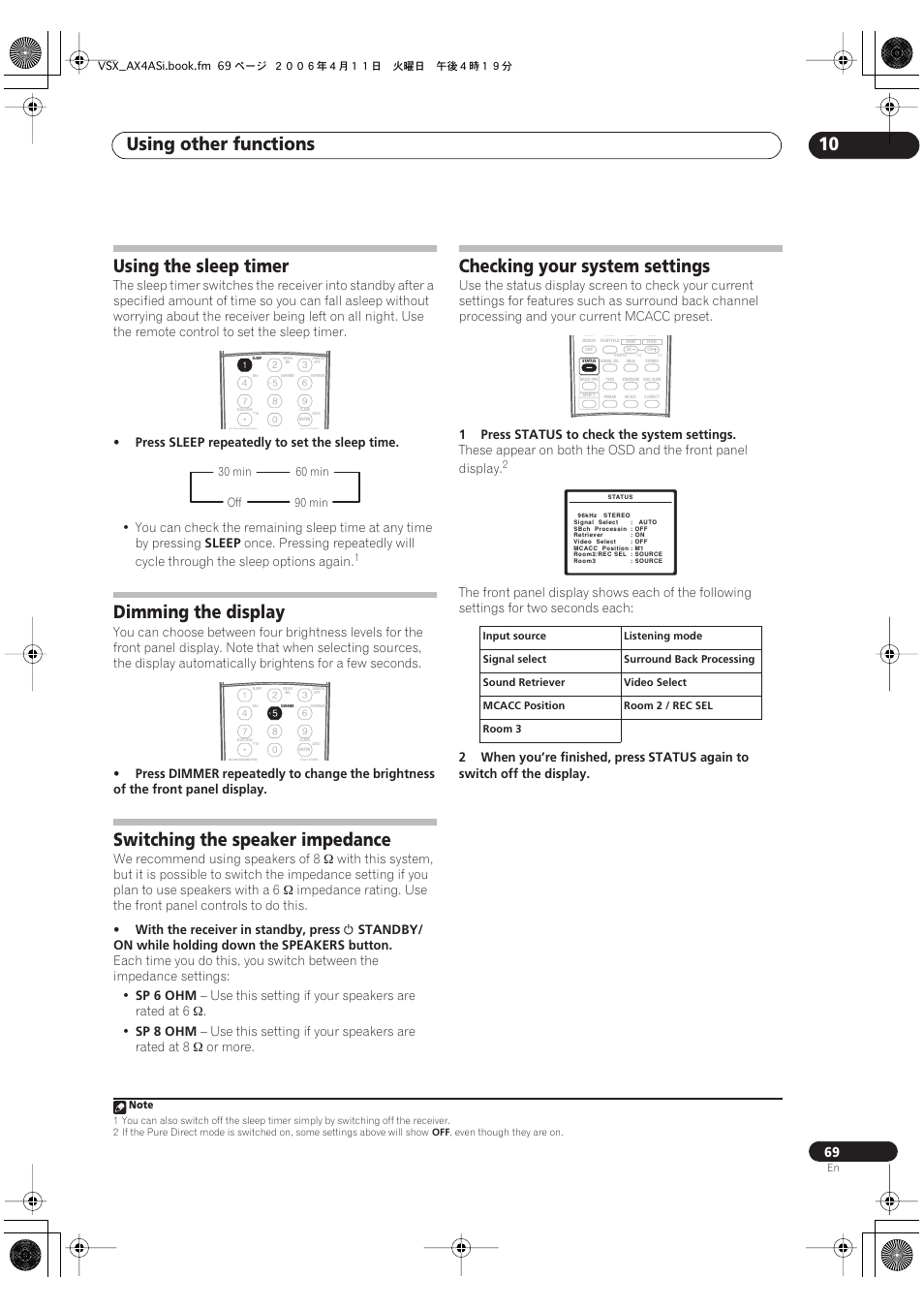 Using other functions 10, Using the sleep timer, Dimming the display | Switching the speaker impedance, Checking your system settings | Pioneer VSX-AX2AS-s User Manual | Page 69 / 92