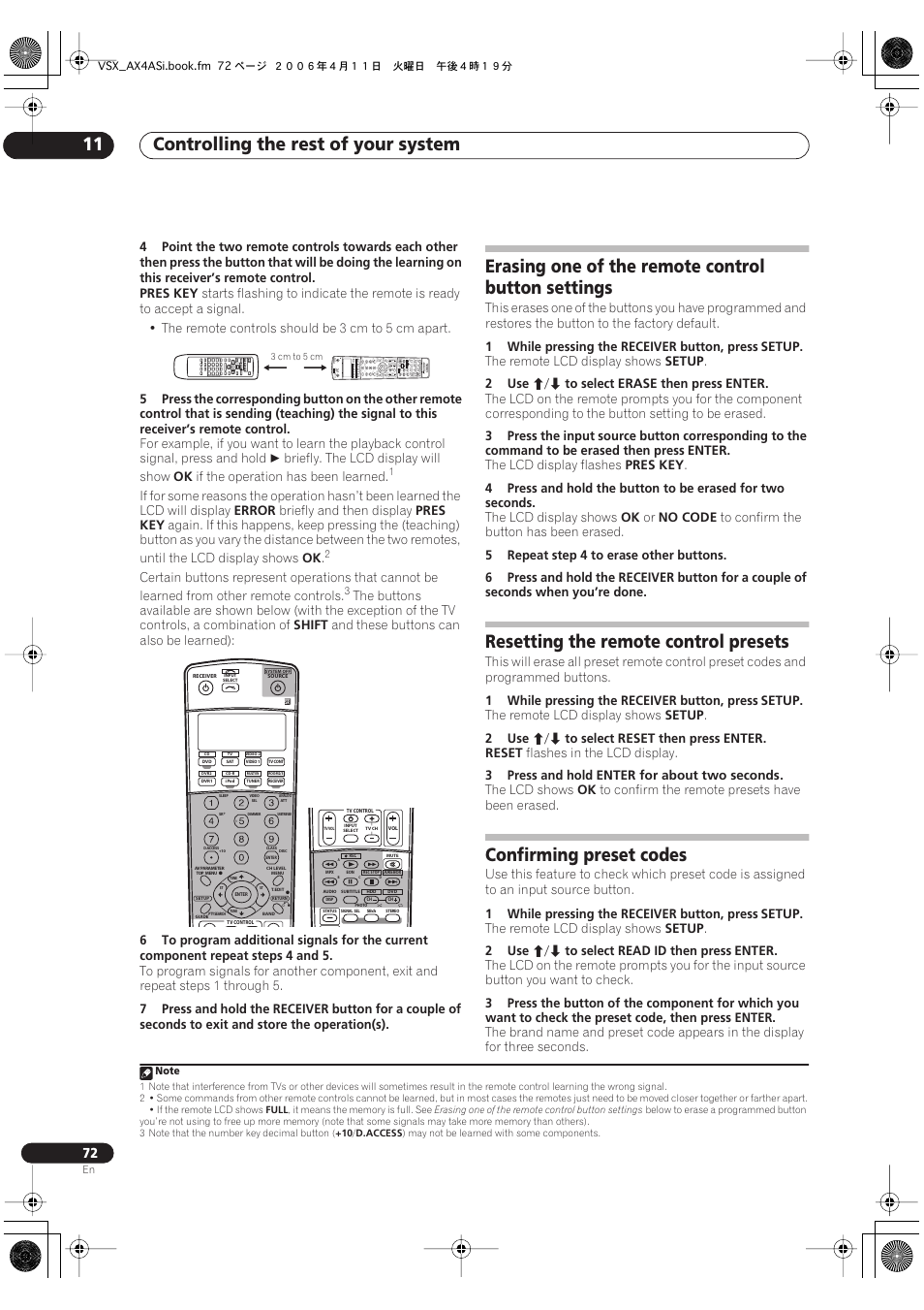 Controlling the rest of your system 11, Erasing one of the remote control button settings, Resetting the remote control presets | Confirming preset codes | Pioneer VSX-AX2AS-s User Manual | Page 72 / 92