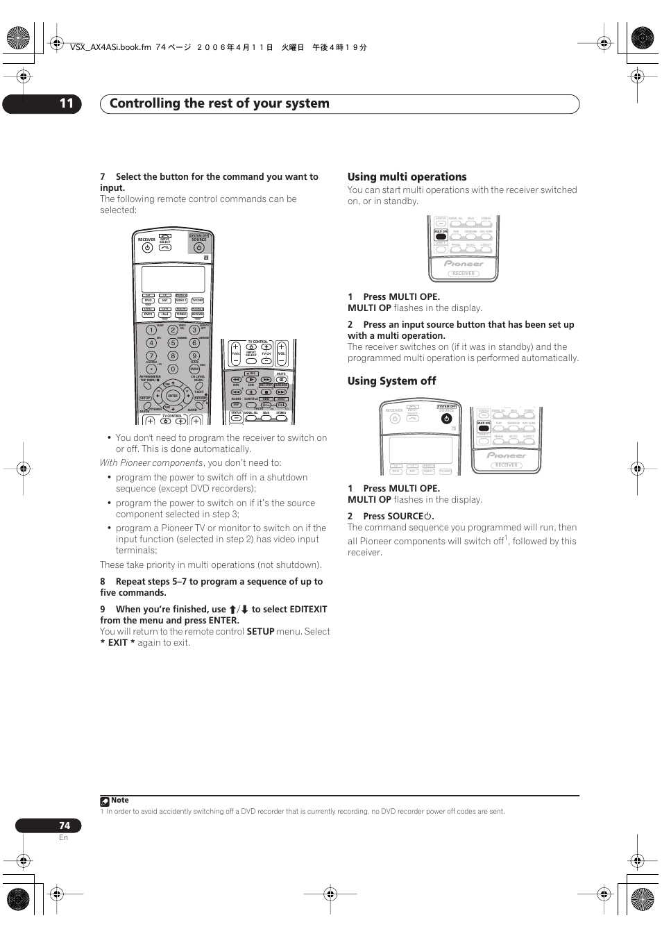 Using multi operations using system off, Controlling the rest of your system 11, Using multi operations | Using system off, With pioneer components, Enter, You will return to the remote control, Setup, Menu. select, Exit | Pioneer VSX-AX2AS-s User Manual | Page 74 / 92