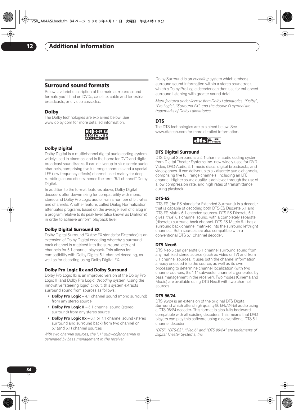 Surround sound formats, Dolby dts, Additional information 12 | Pioneer VSX-AX2AS-s User Manual | Page 84 / 92