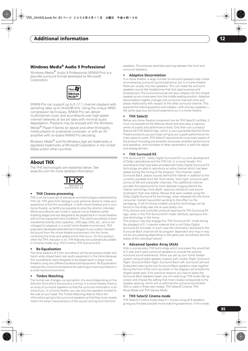 Windows media® audio 9 professional, About thx, Additional information 12 | Windows media, Audio 9 professional | Pioneer VSX-AX2AS-s User Manual | Page 85 / 92