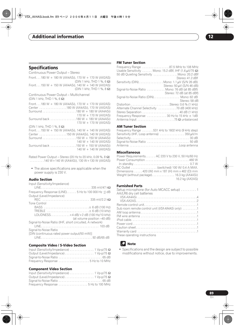 Specifications, Additional information 12 | Pioneer VSX-AX2AS-s User Manual | Page 89 / 92