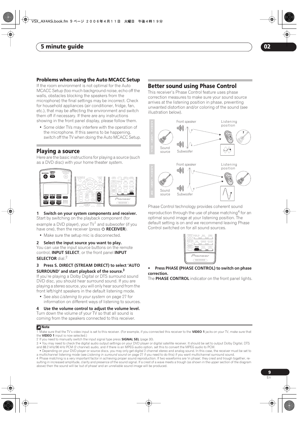 Problems when using the auto mcacc setup, Playing a source better sound using phase control, 5 minute guide 02 | Playing a source, Better sound using phase control, 1switch on your system components and receiver, Receiver, Make sure the setup mic is disconnected, 2select the input source you want to play, Input select | Pioneer VSX-AX2AS-s User Manual | Page 9 / 92