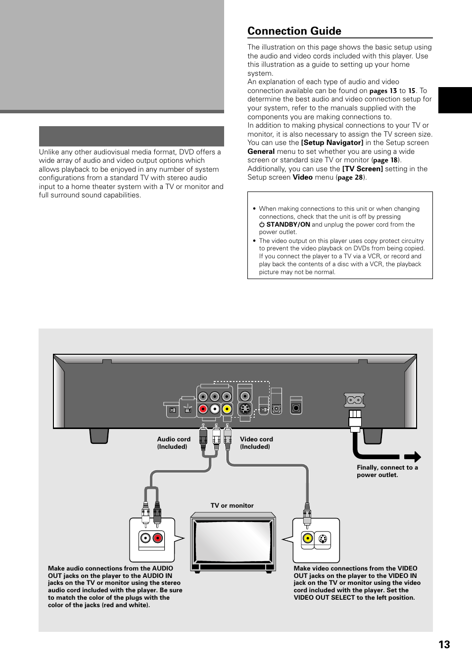 Making connections, Connecting your dvd player, Connection guide | Names and functions / making connections | Pioneer DV-535 User Manual | Page 13 / 56