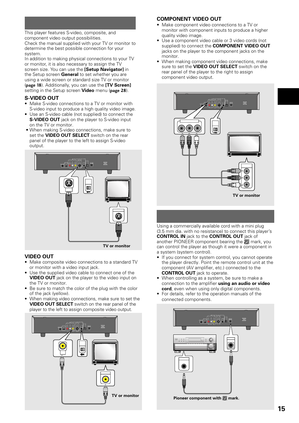 Video connections system control connections, Video connections, System control connections | Making connections, S-video out, Video out, Component video out | Pioneer DV-535 User Manual | Page 15 / 56