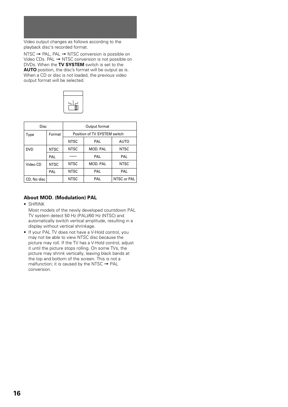 Tv system switch, Except for dv-535k taiwan model) | Pioneer DV-535 User Manual | Page 16 / 56