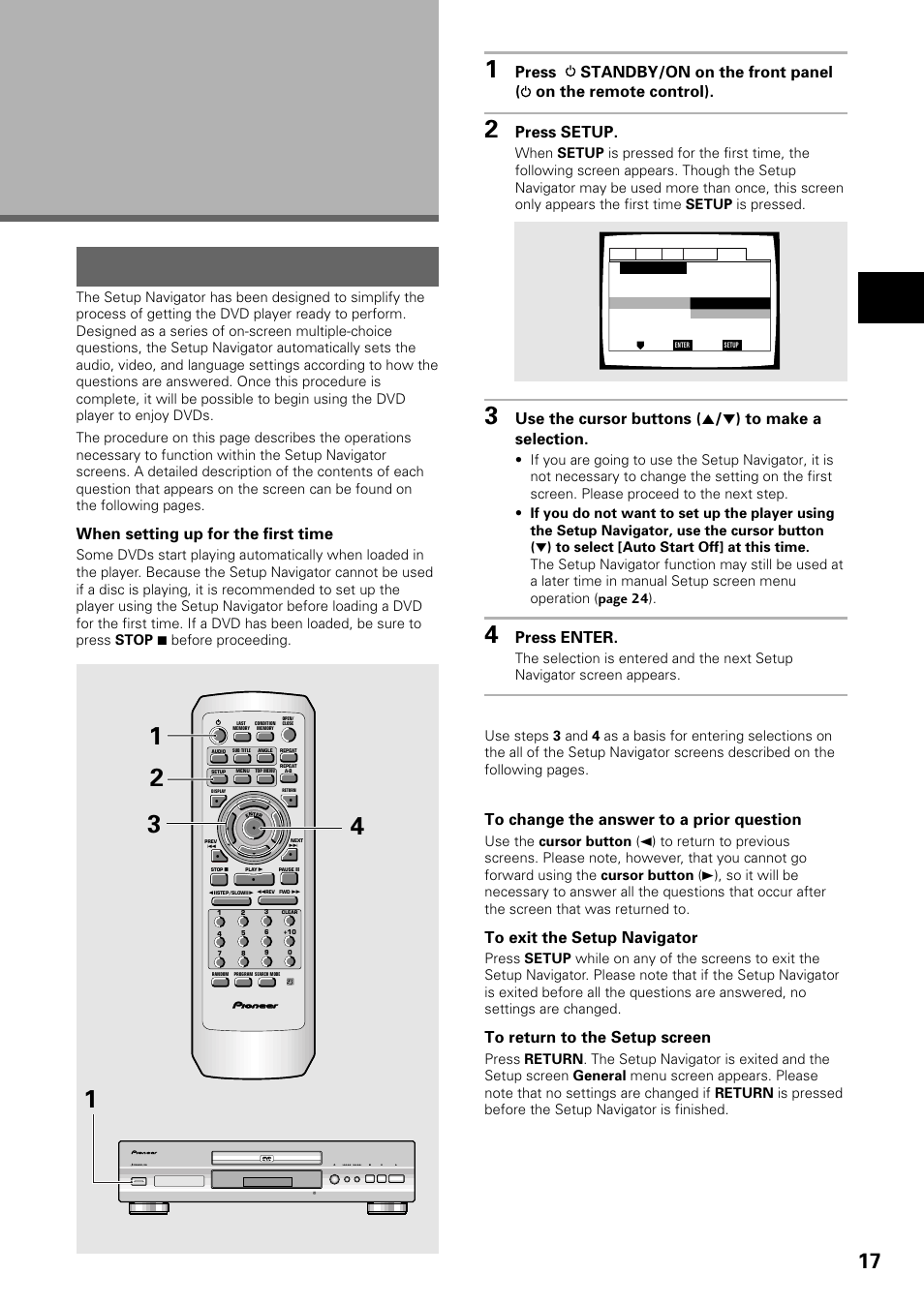Setting up the player, Using the setup navigator, Press setup | Press enter, When setting up for the first time, Making connections / setting up the pla yer, Standby/on | Pioneer DV-535 User Manual | Page 17 / 56