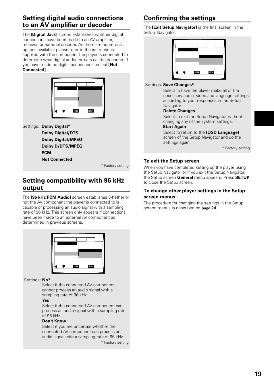 Confirming the settings, Setting compatibility with 96 khz output, Setting up the pla yer | Pioneer DV-535 User Manual | Page 19 / 56