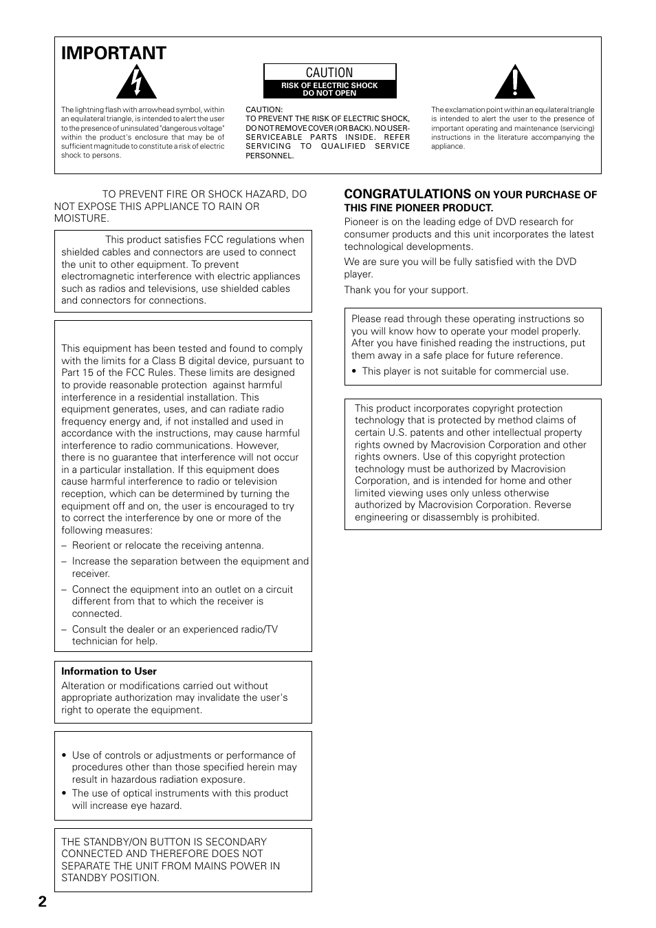 Important, Caution | Pioneer DV-535 User Manual | Page 2 / 56