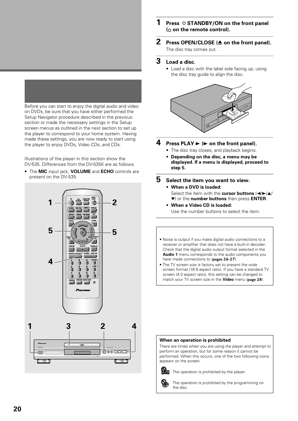 Getting started using your dvd player, Playing dvds, video cds and cds, Dvd/video cd/cd | Press open/close ( 0 on the front panel), Load a disc, Press play 3 ( 3 on the front panel), Select the item you want to view, The disc tray comes out, When an operation is prohibited, Dvd player | Pioneer DV-535 User Manual | Page 20 / 56