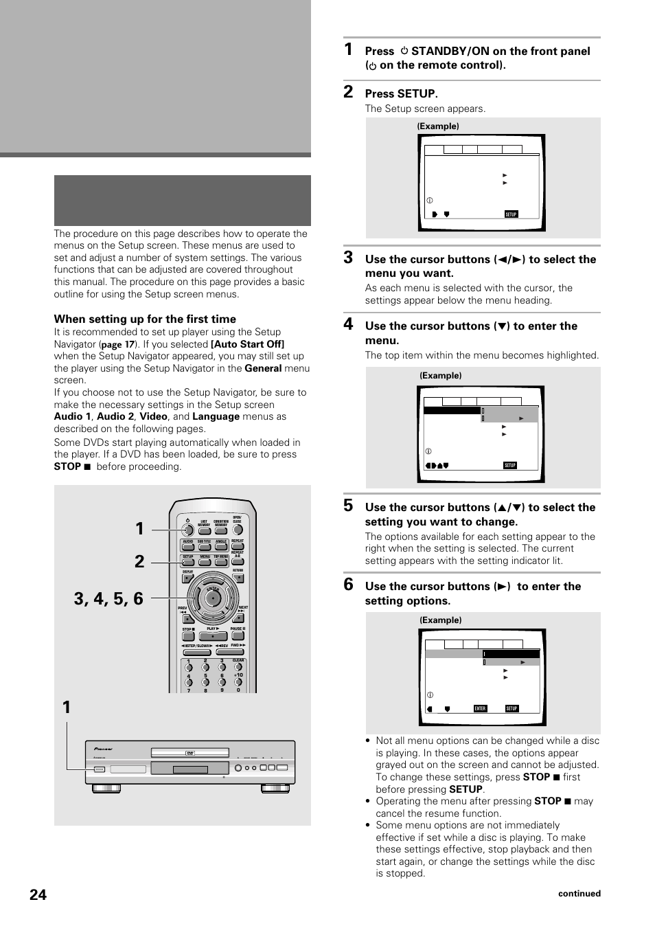 Adjusting audio and video settings, Using the setup screen menus, When setting up for the first time | Press setup, Use the cursor buttons ( ∞ ) to enter the menu, The setup screen appears, The top item within the menu becomes highlighted, Dvd player, Standby/on | Pioneer DV-535 User Manual | Page 24 / 56