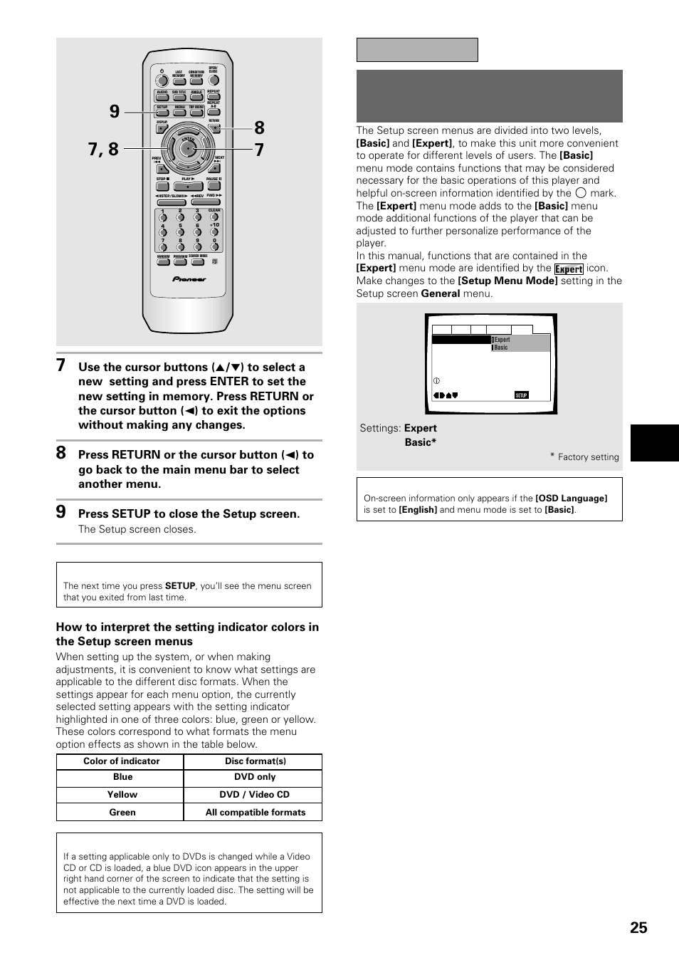 Changing to the setup screen “expert” menu, Mode, Changing to the setup screen “expert” menu mode | Important, Adjusting audio and video settings, Press setup to close the setup screen, Settings: expert basic | Pioneer DV-535 User Manual | Page 25 / 56