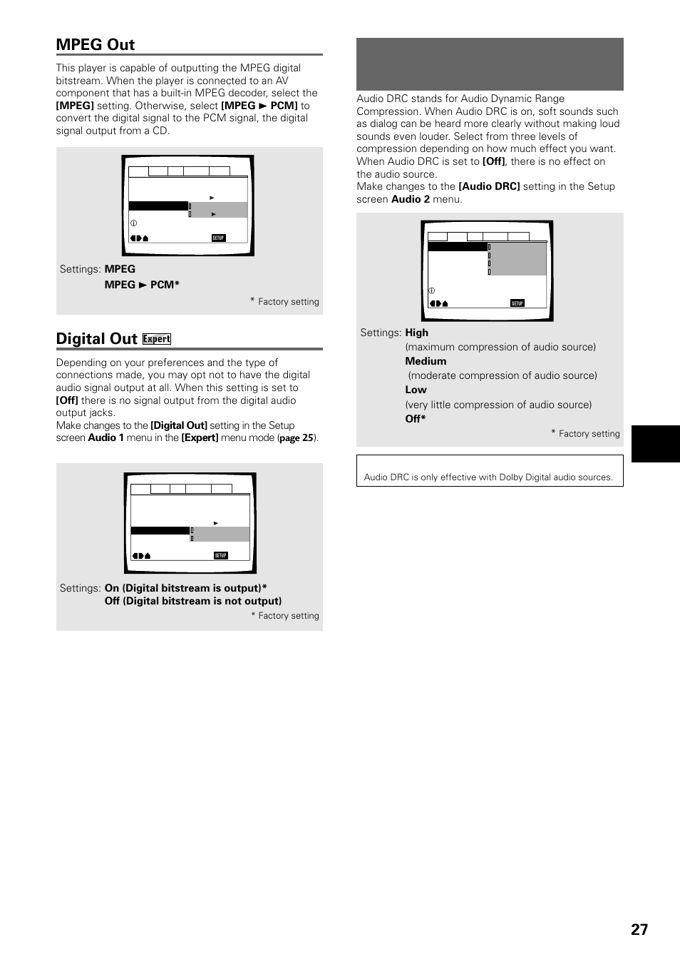 Adjusting the dynamic range of the audio, Soundtrack, Digital out | Mpeg out, Adjusting audio and video settings | Pioneer DV-535 User Manual | Page 27 / 56