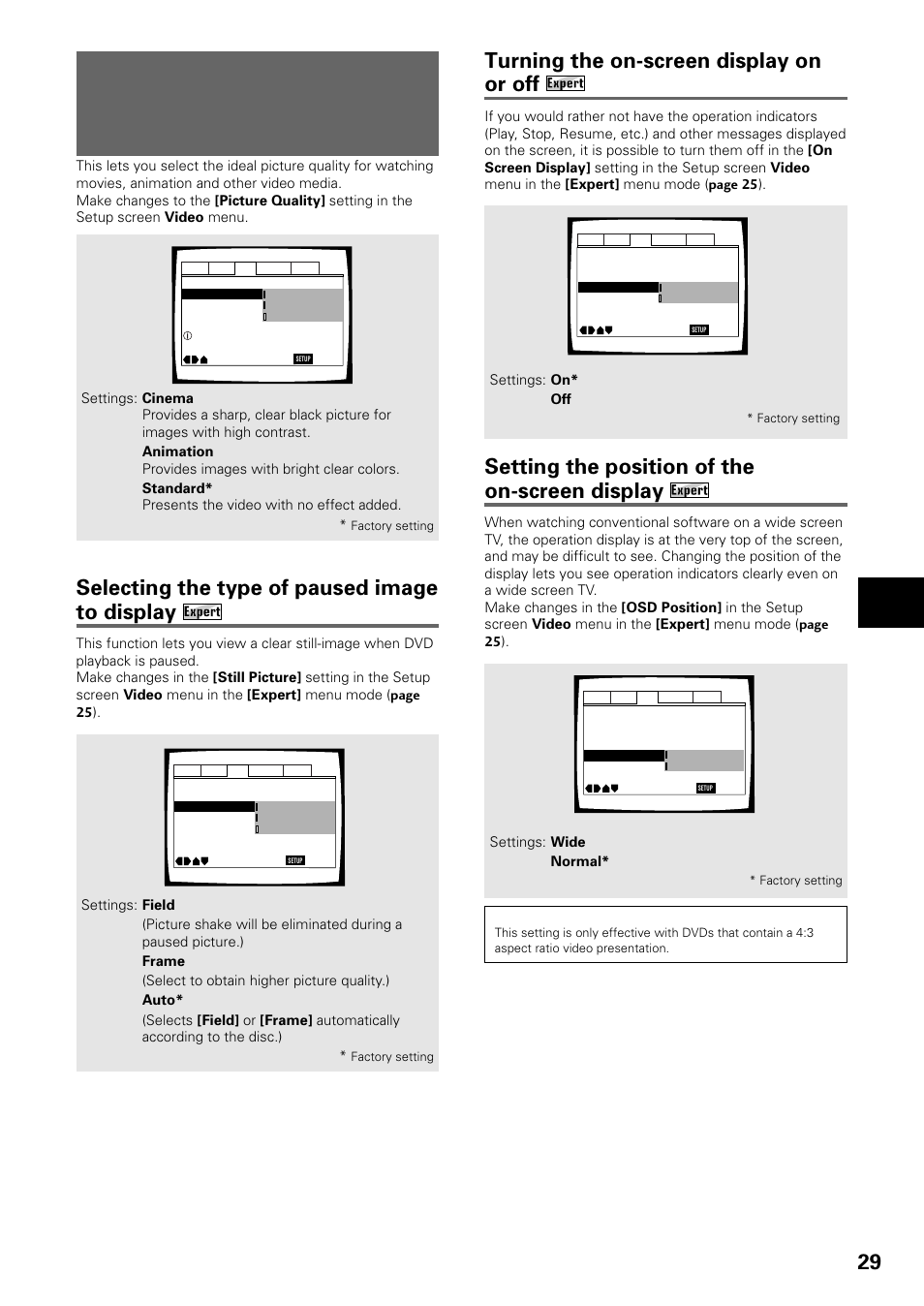 Selecting picture quality appropriate for, Program content, Selecting the type of paused image to display | Turning the on-screen display on or off, Setting the position of the on-screen display, Adjusting audio and video settings, Dvd/video cd | Pioneer DV-535 User Manual | Page 29 / 56