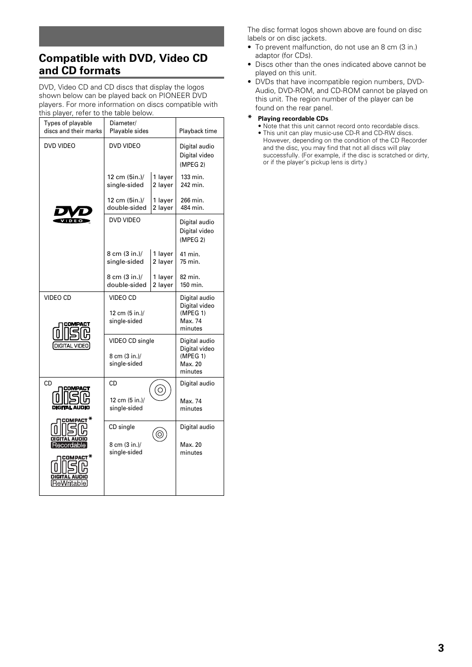 Features of this player, Compatible with dvd, video cd and cd formats | Pioneer DV-535 User Manual | Page 3 / 56