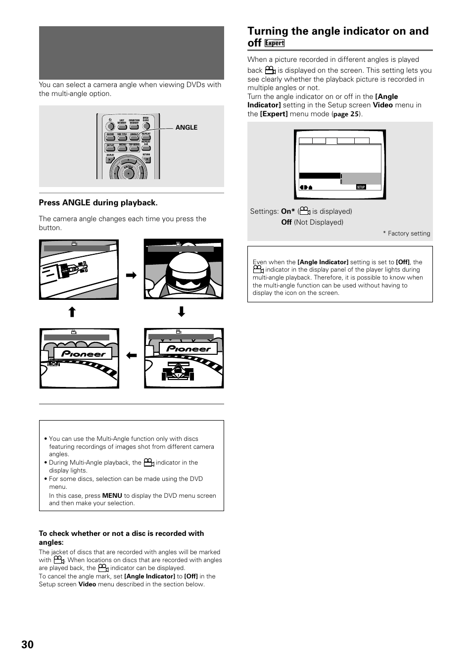 Viewing from a desired camera angle, Multi-angle), Viewing from a desired camera angle (multi-angle) | Turning the angle indicator on and off, Press angle during playback, Settings: on* ( is displayed) off (not displayed) | Pioneer DV-535 User Manual | Page 30 / 56