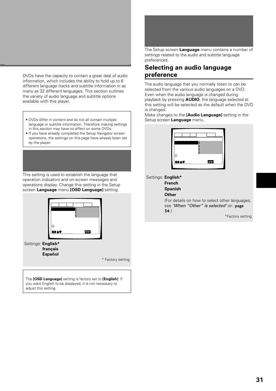 Setting the language options, Setting the on-screen display, Osd) language | Setting language and subtitle preferences in, The setup screen menus, Setting the on-screen display (osd) language, Selecting an audio language preference | Pioneer DV-535 User Manual | Page 31 / 56