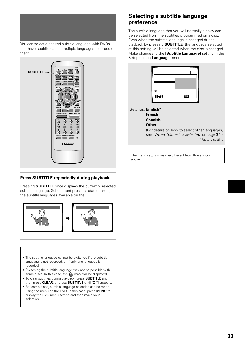 Selecting a subtitle language, Multi-language subtitles), Selecting a subtitle language preference | Setting the language options, Press subtitle repeatedly during playback, When “other” is selected, On page 34 .), Subtitle, Factory setting | Pioneer DV-535 User Manual | Page 33 / 56