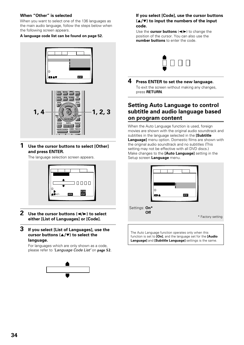 Ja: japanese list of languages, When “other” is selected, Press enter to set the new language | Language code list, The language selection screen appears, On page 52 | Pioneer DV-535 User Manual | Page 34 / 56
