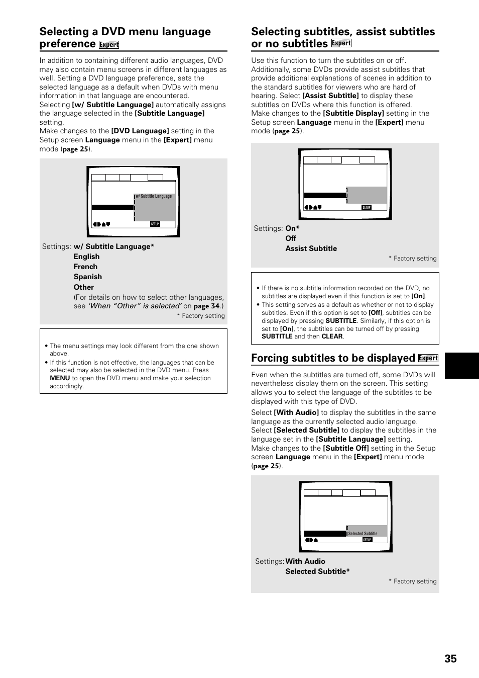 Selecting a dvd menu language preference, Forcing subtitles to be displayed, Setting the language options | When “other” is selected | Pioneer DV-535 User Manual | Page 35 / 56
