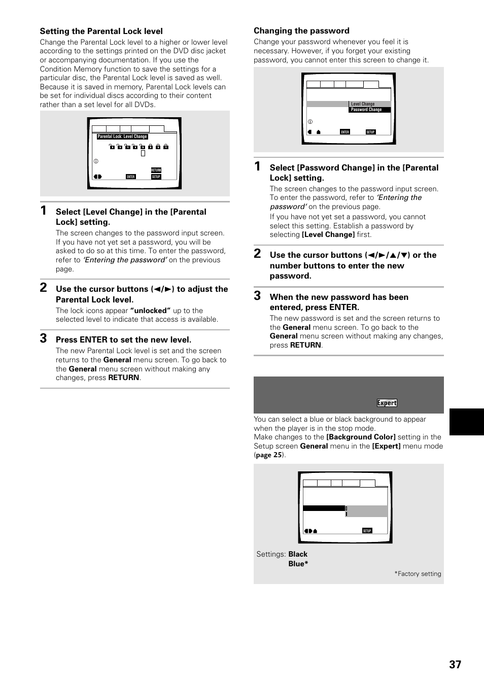 Changing the background color, Of the screen, Changing the background color of the screen | Adv anced functions, Changing the password, Setting the parental lock level, Press enter to set the new level | Pioneer DV-535 User Manual | Page 37 / 56