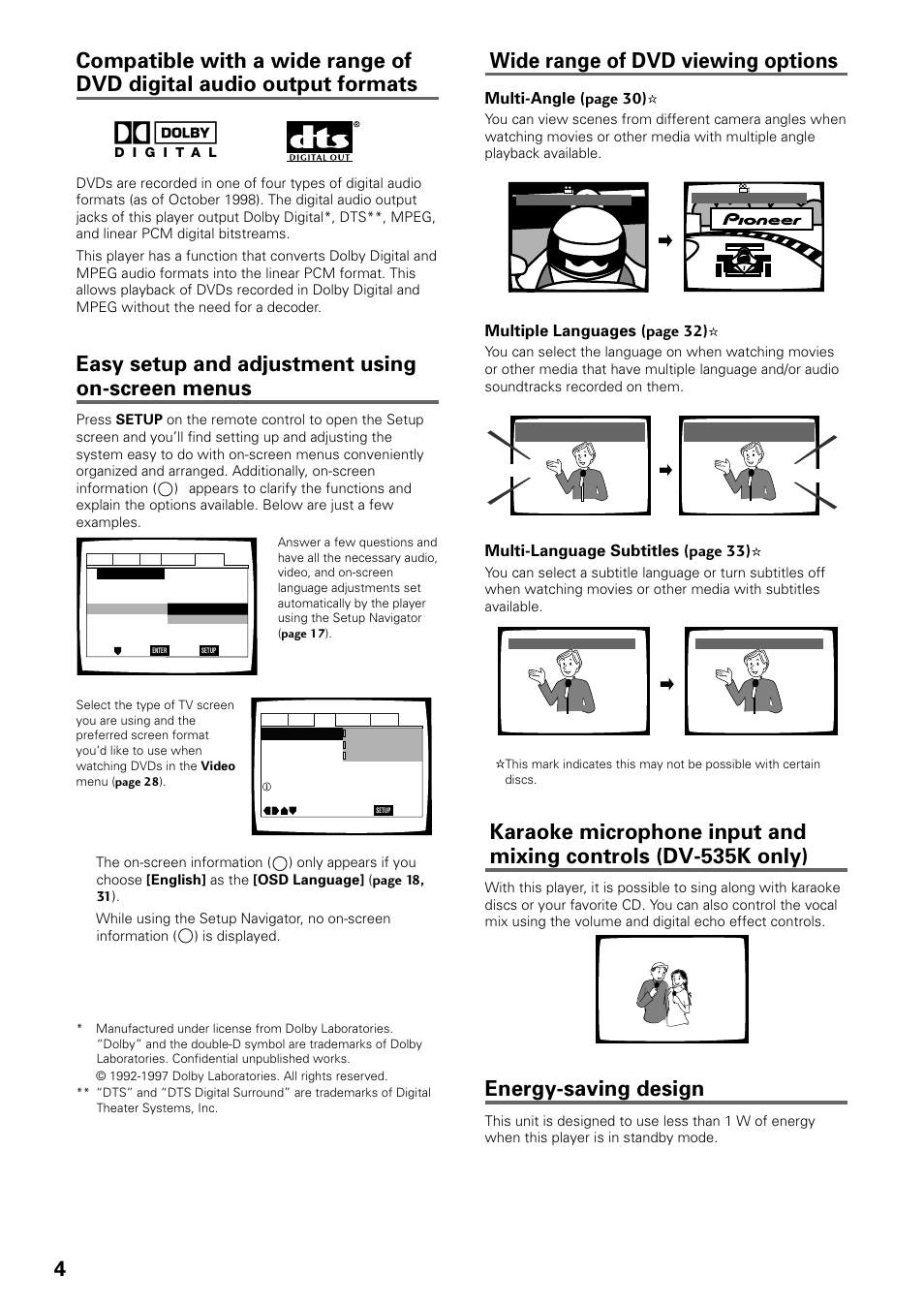 4wide range of dvd viewing options, Energy-saving design, Easy setup and adjustment using on-screen menus | Multi-angle (page 30), Multiple languages (page 32), Multi-language subtitles (page 33) | Pioneer DV-535 User Manual | Page 4 / 56