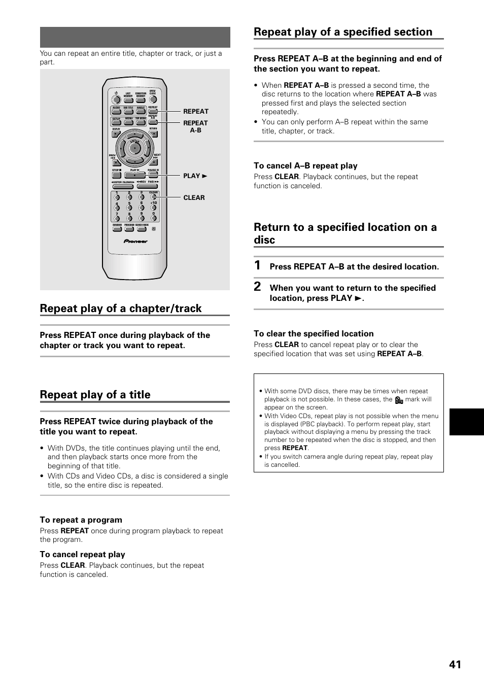 Repeat play, Repeat play of a chapter/track, Repeat play of a title | Return to a specified location on a disc, Adv anced functions, Dvd/video cd/cd, Press repeat a–b at the desired location | Pioneer DV-535 User Manual | Page 41 / 56
