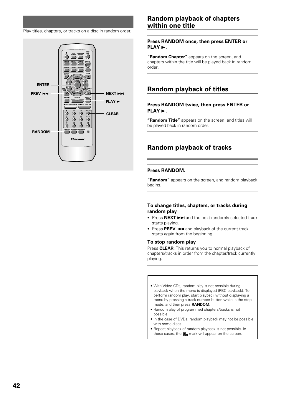 Random play, 42 random playback of chapters within one title, Random playback of titles | Random playback of tracks, Dvd press random once, then press enter or play 3, Dvd press random twice, then press enter or play 3, Video cd/cd press random, Dvd/video cd/cd | Pioneer DV-535 User Manual | Page 42 / 56